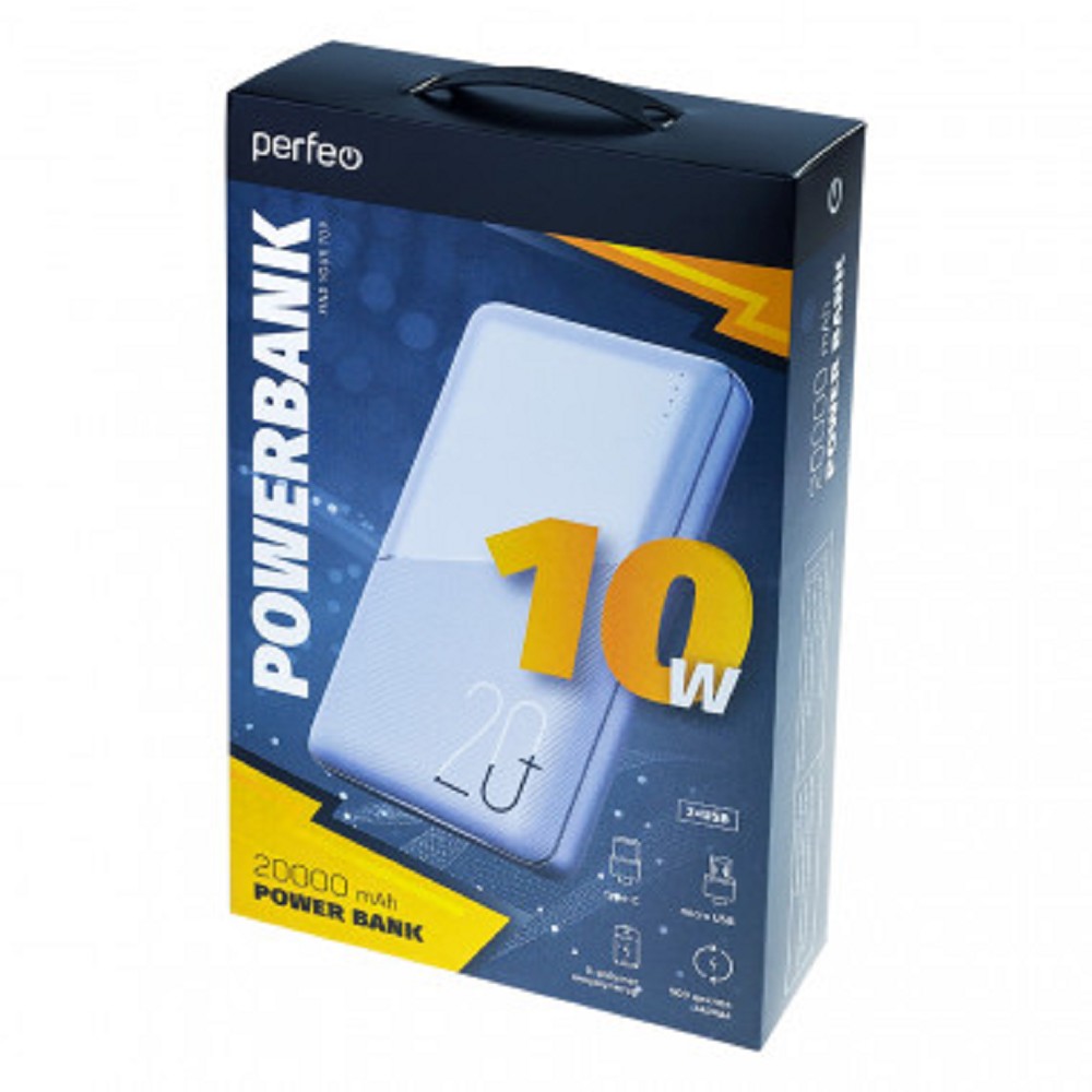 Perfeo Powerbank 20000 mah + In Micro usb+Type-C /Out USB 1 А, 2.1A /White арт. PF_E2092