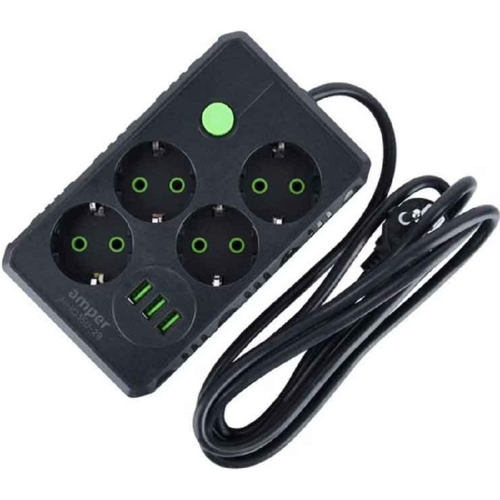 Amper сетевой удлинитель, 2,0м, 4 розетки, 10А, 2500 Вт, 3usb, черный. No Name арт. JH-1035U-2B