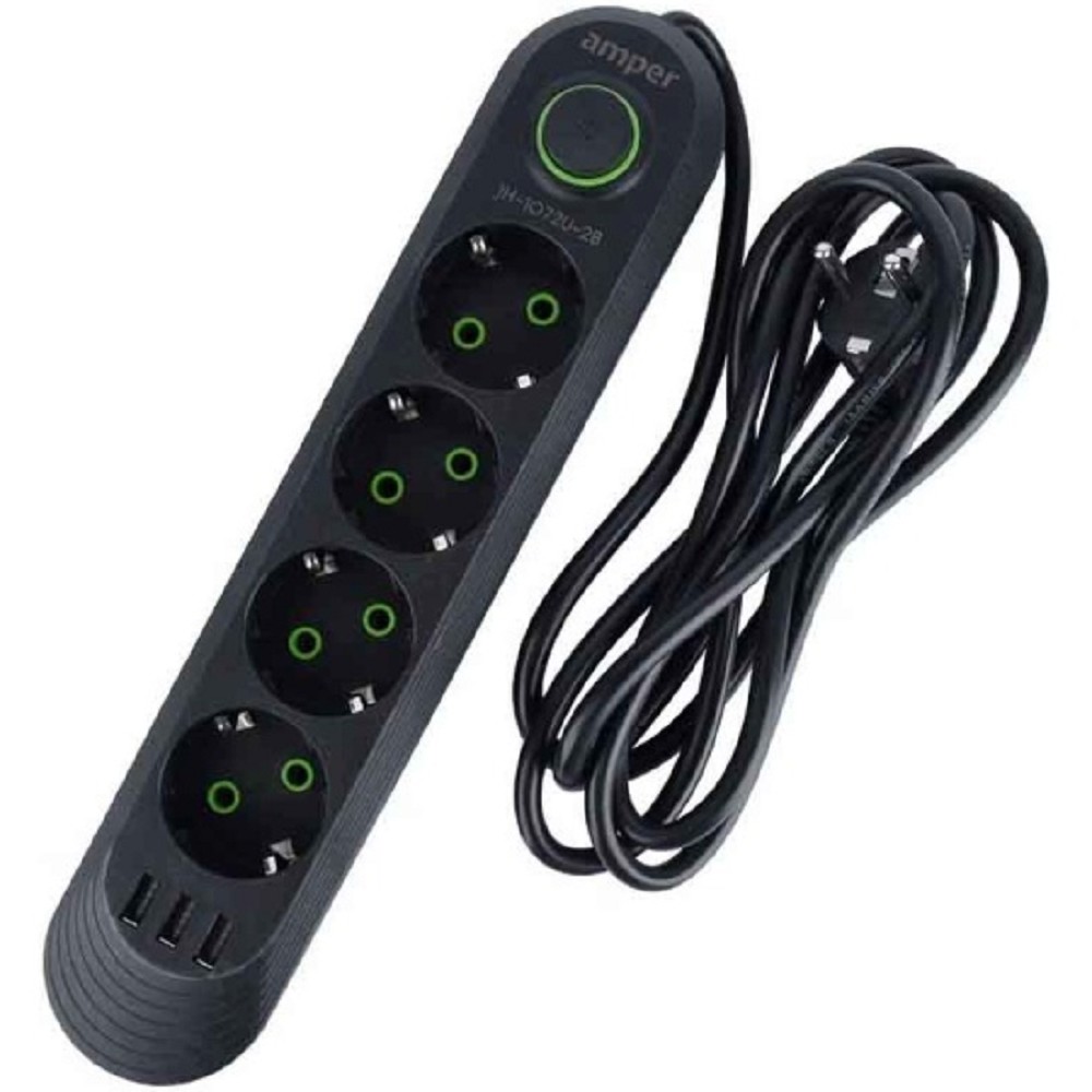 Amper сетевой удлинитель, 2,0м, 4 розетки, 3*0,75мм, 10А, 2500 Вт, 3usb, черный. No Name арт. JH-1072U-2B