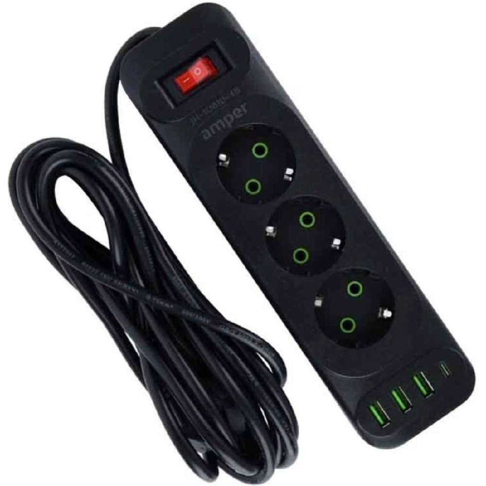 Amper сетевой удлинитель, 4,0м, 3 розетки, 10А, 2500 Вт, 3usb,1Type-C, черный. No Name арт. JH-1081U-4B