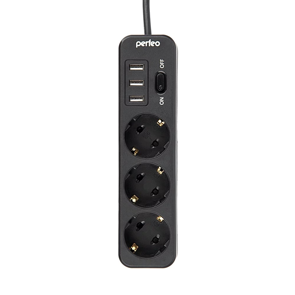 Perfeo сетевой фильтр "POWER STREAM", 2500W, двойная защита, 2м, 3 розетки, 3 USB, черный. арт. PF_C3907