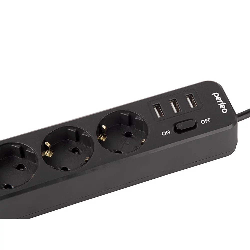 Perfeo сетевой фильтр "POWER STREAM", 2500W, двойная защита, 2м, 3 розетки, 3 USB, черный. арт. PF_C3907