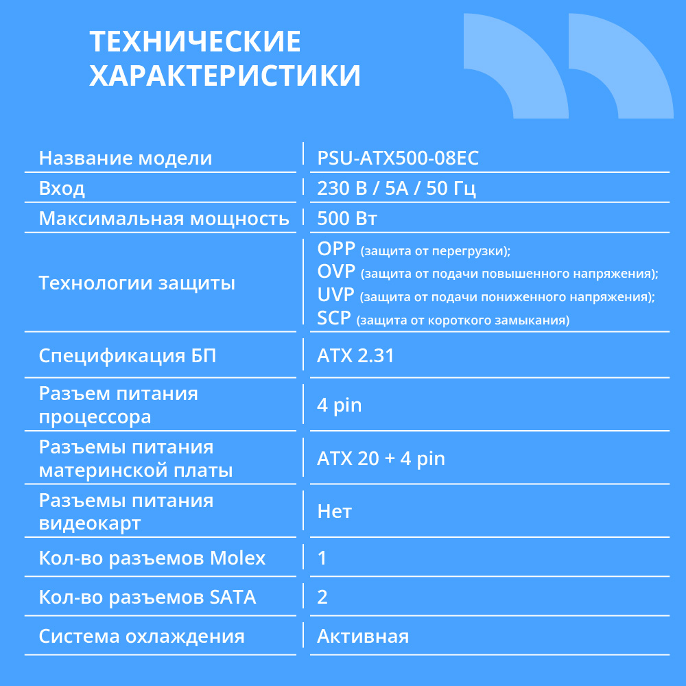 Поврежденная упаковка Блок питания CBR ATX 500W, 8cm fan, 24pin/1*4pin/1*IDE/2*SATA, кабель питания 1.2м, черный [PSU-ATX500-08EC] OEM арт. PSU-ATX500-08EC_DP