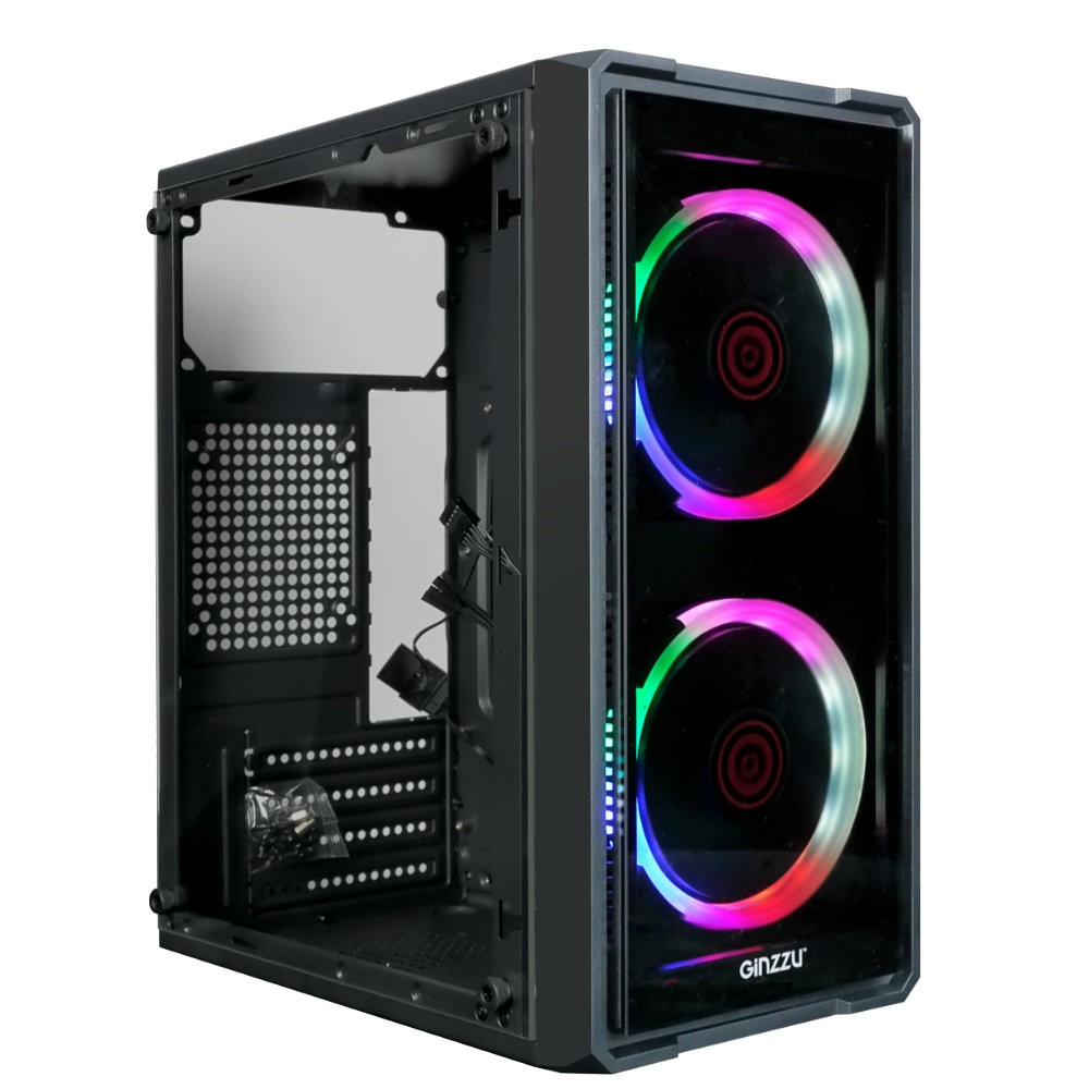 Корпус Ginzzu B177 2*USB 2.0,AU FAN 2*12 LED передняя и боковая панель стекло