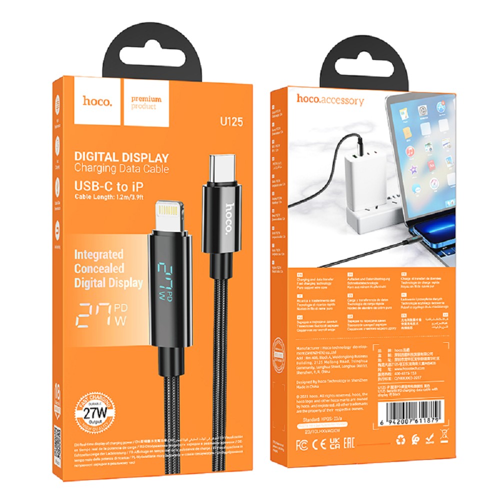 HOCO Кабель USB2.0 Hoco Type-C/Lightning, 2.4А, 27Вт, с дисплеем, U125, 1.2м, черный, коробка арт. HC-11879