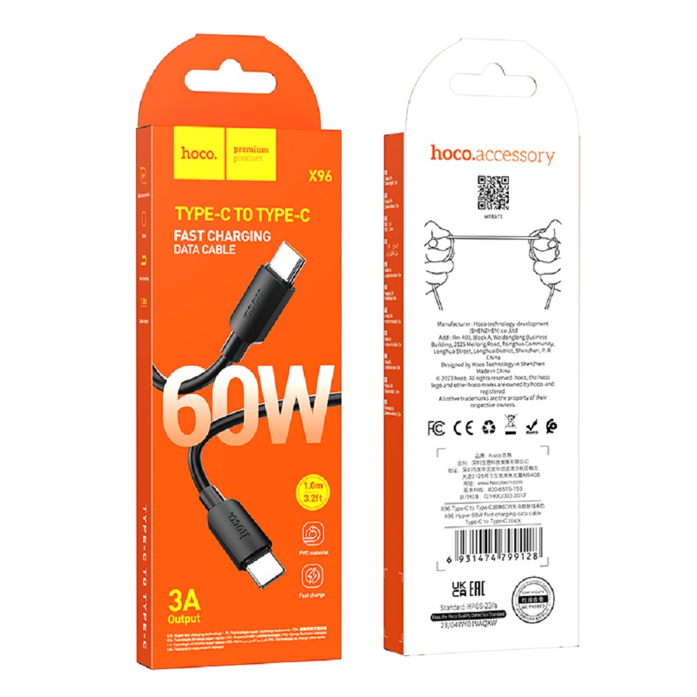 HOCO Кабель USB2.0 Hoco Type-C/Type-C, 3A, 60Вт, X96, 1м, черный, коробка арт. HC-99128