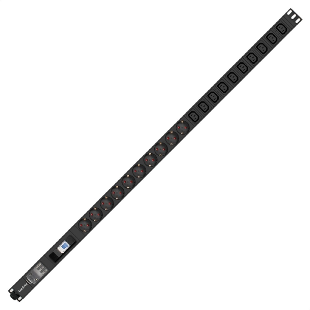 Exegate EX300289RUS Вертикальный блок розеток с автоматом защиты ExeGate ServerPro PDU-V213 Al-10C1310S-T-1P (19", 1U, Алюминий, 10 IEC 320 C13, 10 Schuko, клеммная колодка, 16A, автомат защиты, черны