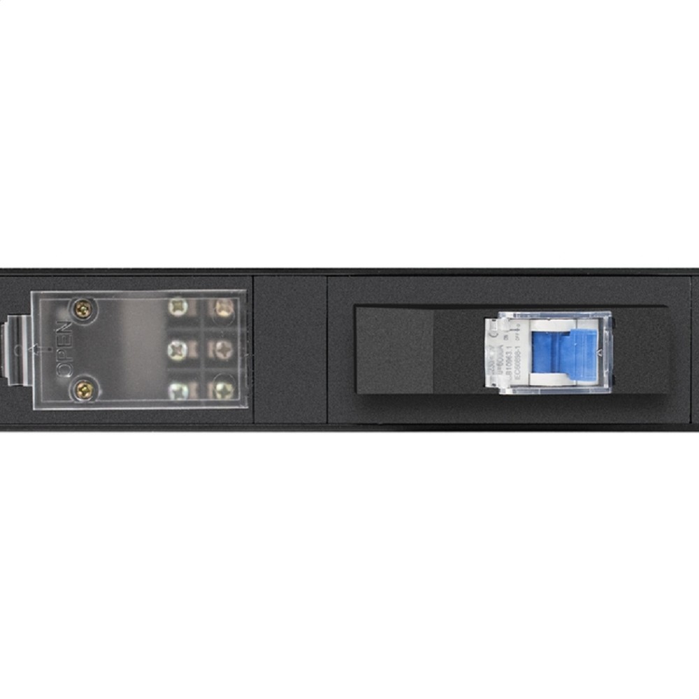 Exegate EX300289RUS Вертикальный блок розеток с автоматом защиты ExeGate ServerPro PDU-V213 Al-10C1310S-T-1P (19", 1U, Алюминий, 10 IEC 320 C13, 10 Schuko, клеммная колодка, 16A, автомат защиты, черны