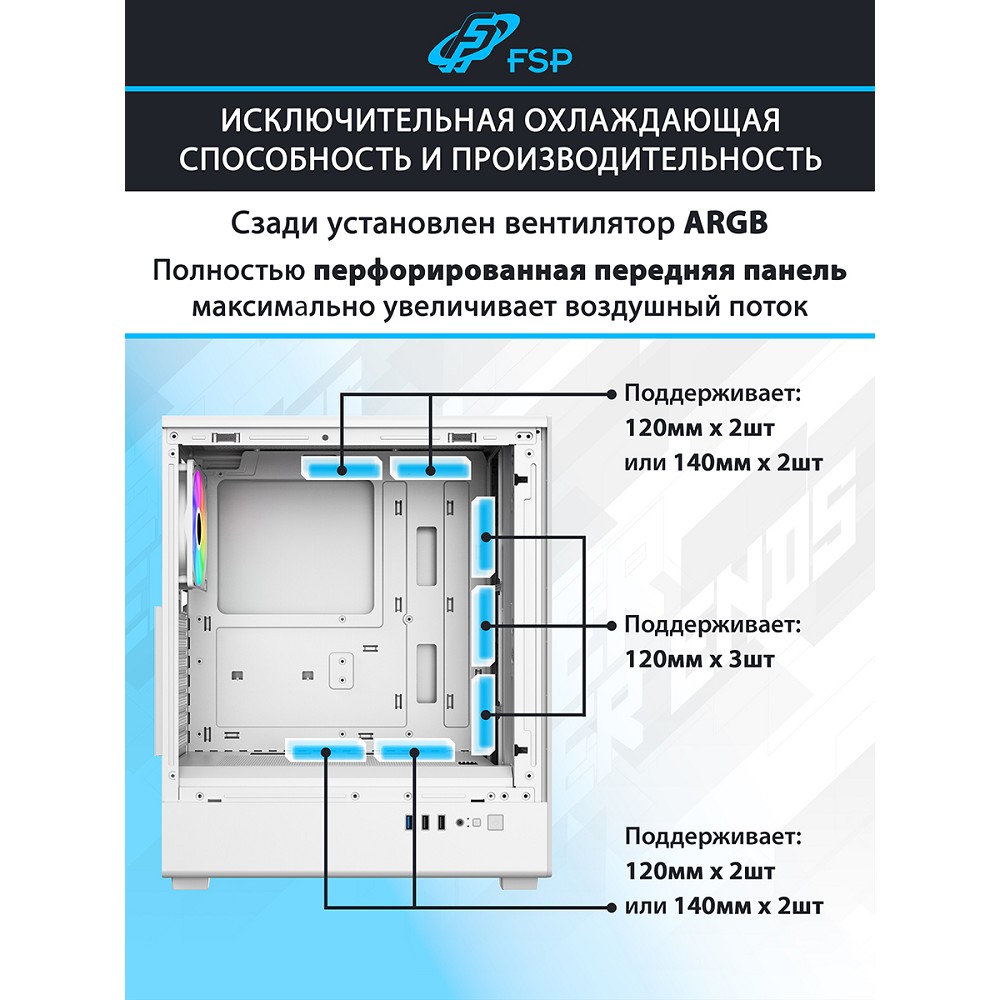 FSP Корпус ATX Miditower M221-WA, USB3.0 x 1/USB2.0 x 2, White арт. POC0000360