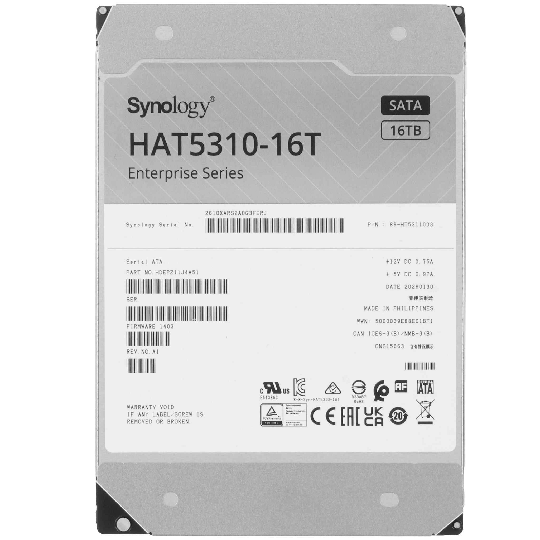 Synology HDD SATA 3,5" 16Tb, 7200 rpm, 512Mb buffer, MTTF 2,5M, 1YW арт. HAT5310-16T
