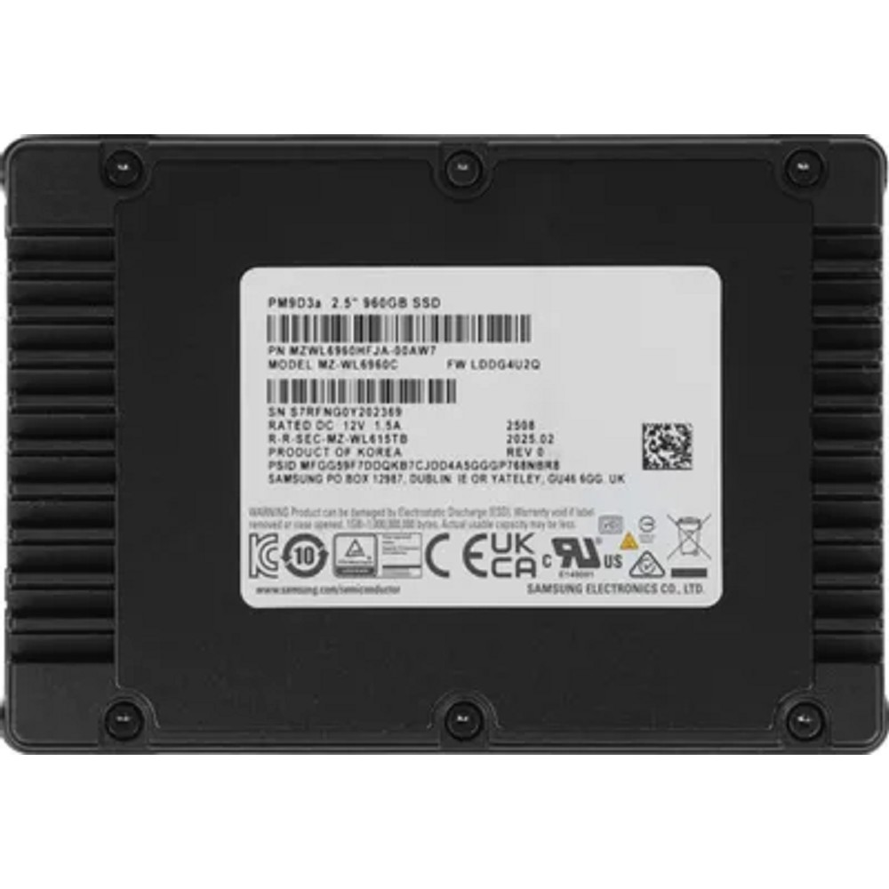Samsung Enterprise SSD, 2.5"(SFF/U.2) 15mm, PM9D3a, 960GB, PCIe5.0 1x4 NVMe 2.0, R12000/W1600Mb/s IOPS(R4K) 1000K/70K, MTBF 2.5M, 1DWPD/5Y TBW 1752TB, OEM, (replace MZQL2960HCJR-00A07) арт. MZWL6960HFJA-00AW7