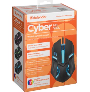 Повреждение упаковки Defender Cyber MB-560L [52560] {Проводная оптическая мышь, 7 цветов, 3 кнопки,1200dpi, черный} арт. 52560_DP