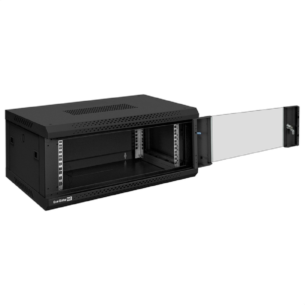 Exegate EX300250RUS Шкаф телекоммуникационный 19" настенный 4U ExeGate EC-WM-4U.450.G.BLACK (19”, 4U, 600x450x280mm (ШхГхВ), передняя дверь закаленное стекло, съемные боковые панели, пыле- и влагозащи