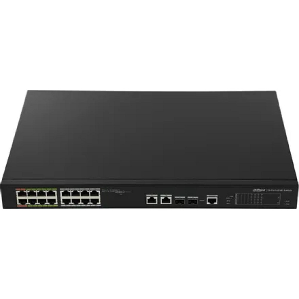 DAHUA DH-LR2218-16ET-240-V2 18-портовый управляемый коммутатор с ePoE, уровень L2, 16xRJ45 100Mb PoE; 2хКомбо SFP/RJ45 1Gb uplink, суммарно 240Вт, коммутация 8.8 Гбит/с, MAC-таблица 4К