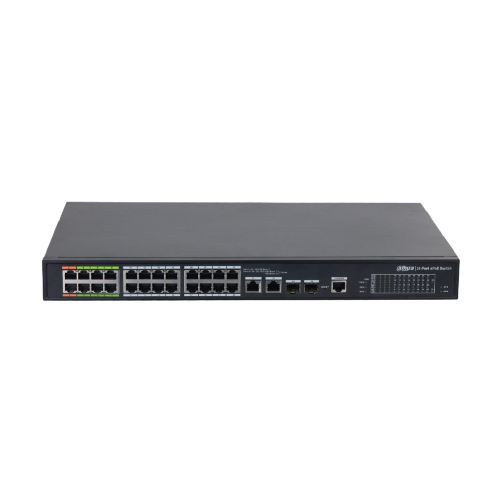 DAHUA DH-LR2226-24ET-360-V2 26-портовый управляемый коммутатор с ePoE, уровень L2, 24xRJ45 100Mb PoE, 2хКомбо SFP/RJ45 1Gb uplink, суммарно 360Вт, коммутация 8.8 Гбит/с, MAC-таблица 4К