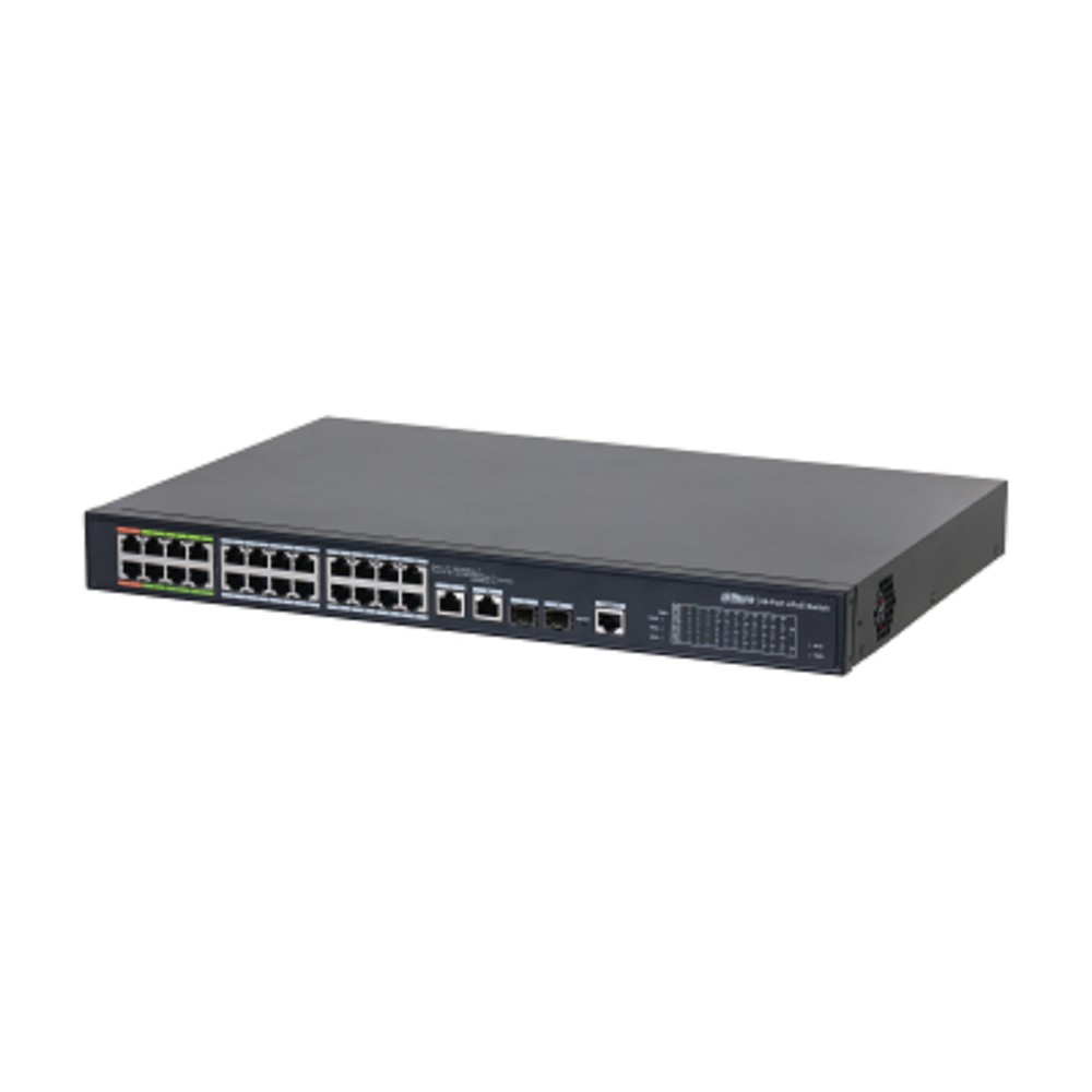 DAHUA DH-LR2226-24ET-360-V2 26-портовый управляемый коммутатор с ePoE, уровень L2, 24xRJ45 100Mb PoE, 2хКомбо SFP/RJ45 1Gb uplink, суммарно 360Вт, коммутация 8.8 Гбит/с, MAC-таблица 4К