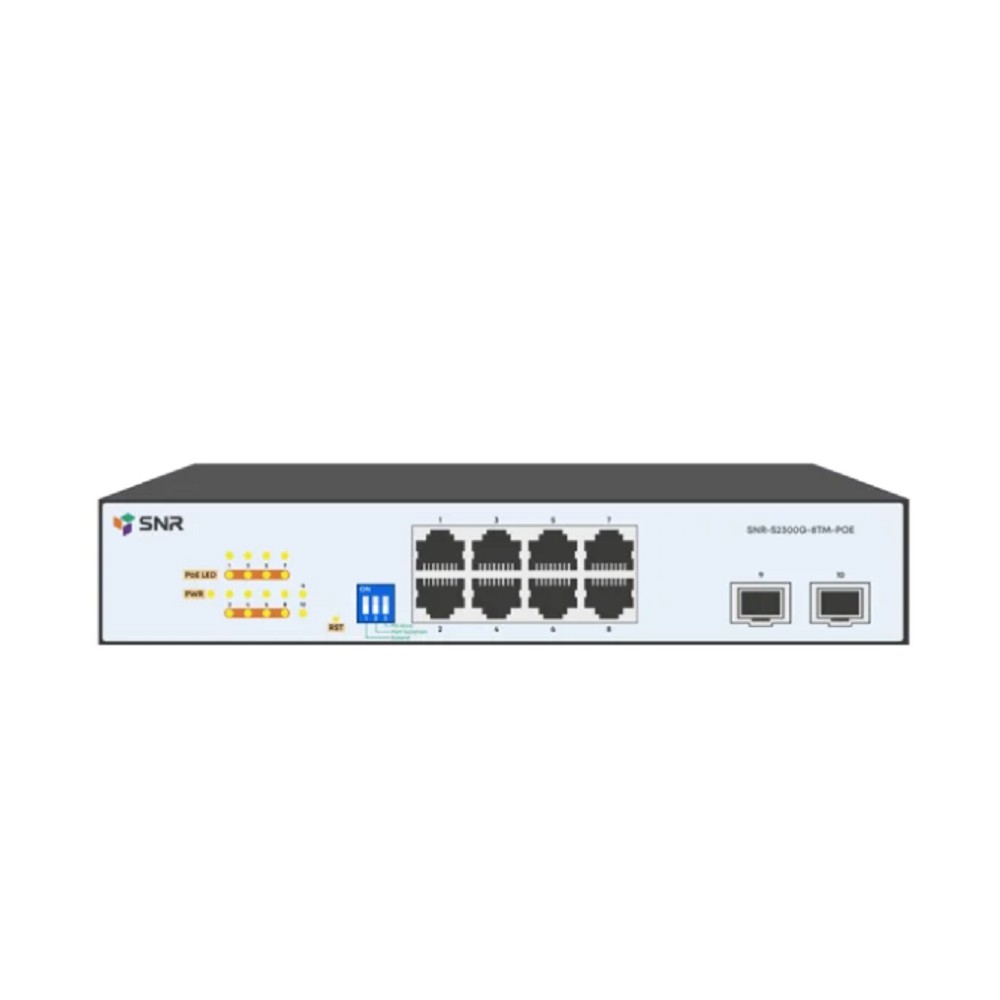 SNR Управляемый Web-smart PoE коммутатор уровня 2, 8 портов 10/100/1000Base-T, 2 порта 1/2.5G SFP, бюджет PoE 130 Вт, встроенный БП 220V AC арт. SNR-S2300G-8TM-POE