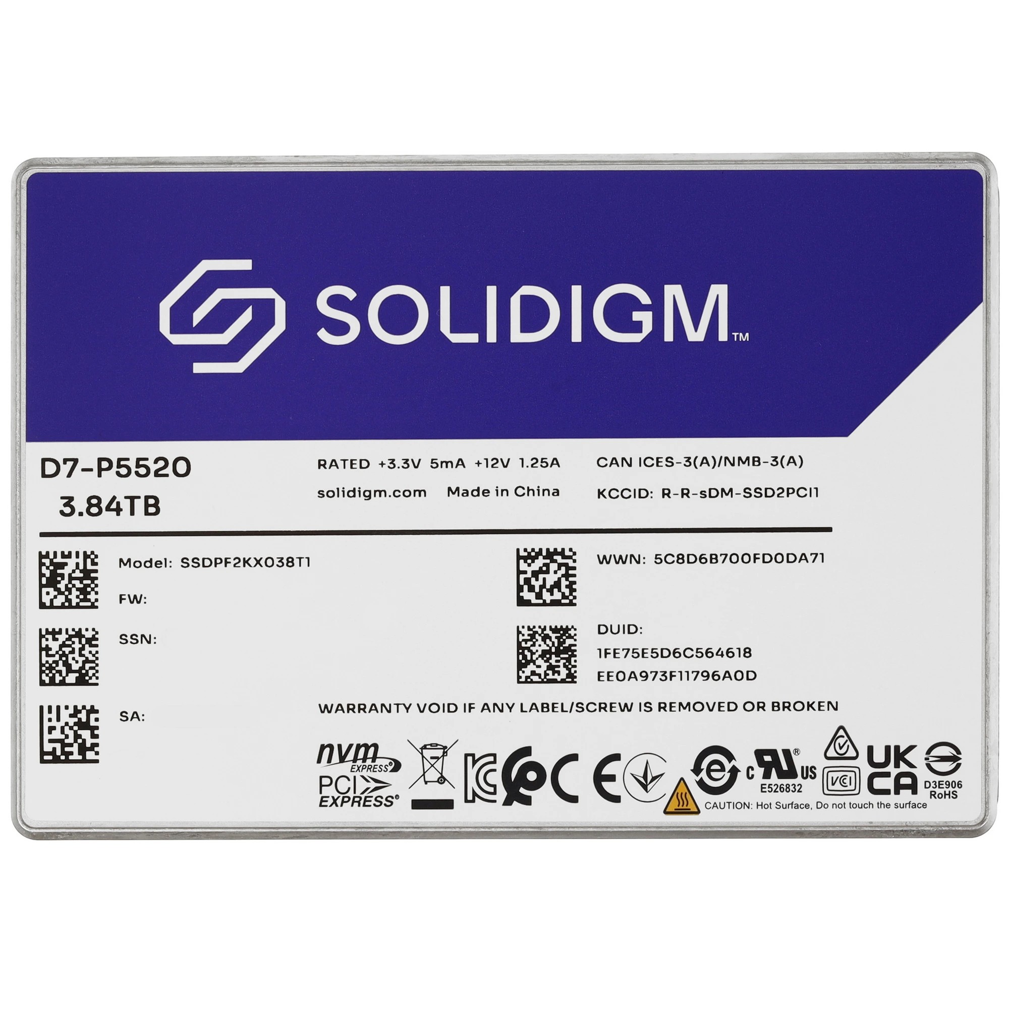 SSD 3.84TB Solidigm D7-P5520 (SSDPF2KX038T11Z) Intel