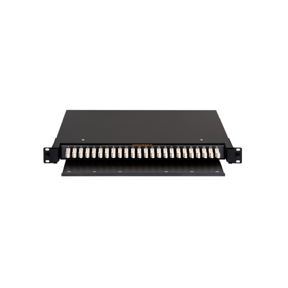NIKOMAX NMF-RP48LCUM4-TS-P1-1U-BK оптический кросс, 1U, укомплектованный на 48 портов LC/UPC (24 двойных LC/UPC адаптеров), MM 50/125 OM4, выдвижной, с полкой GIGALINK