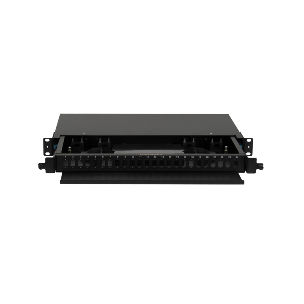 NIKOMAX NMF-RP48LCUM4-TS-P1-1U-BK оптический кросс, 1U, укомплектованный на 48 портов LC/UPC (24 двойных LC/UPC адаптеров), MM 50/125 OM4, выдвижной, с полкой GIGALINK