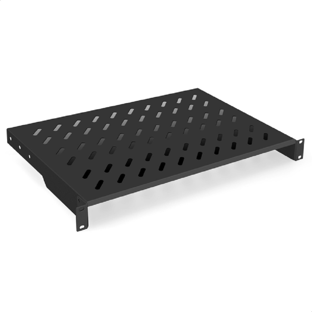 Exegate EX301459RUS Полка консольная 19" ExeGate ECCS-1U300-B (перфорированная, глубина 300мм, крепление 19" 1U, для напольных шкафов и стоек глубиной 450мм/600мм, нагрузка до 15кг, цвет черный RAL900