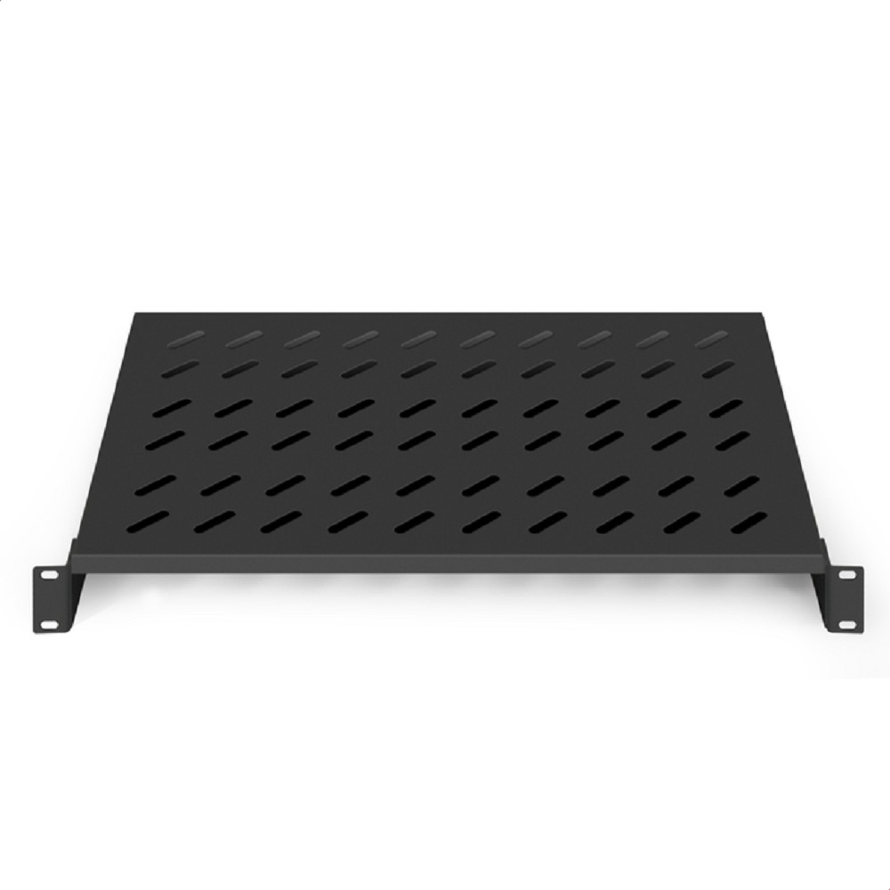 Exegate EX301459RUS Полка консольная 19" ExeGate ECCS-1U300-B (перфорированная, глубина 300мм, крепление 19" 1U, для напольных шкафов и стоек глубиной 450мм/600мм, нагрузка до 15кг, цвет черный RAL900