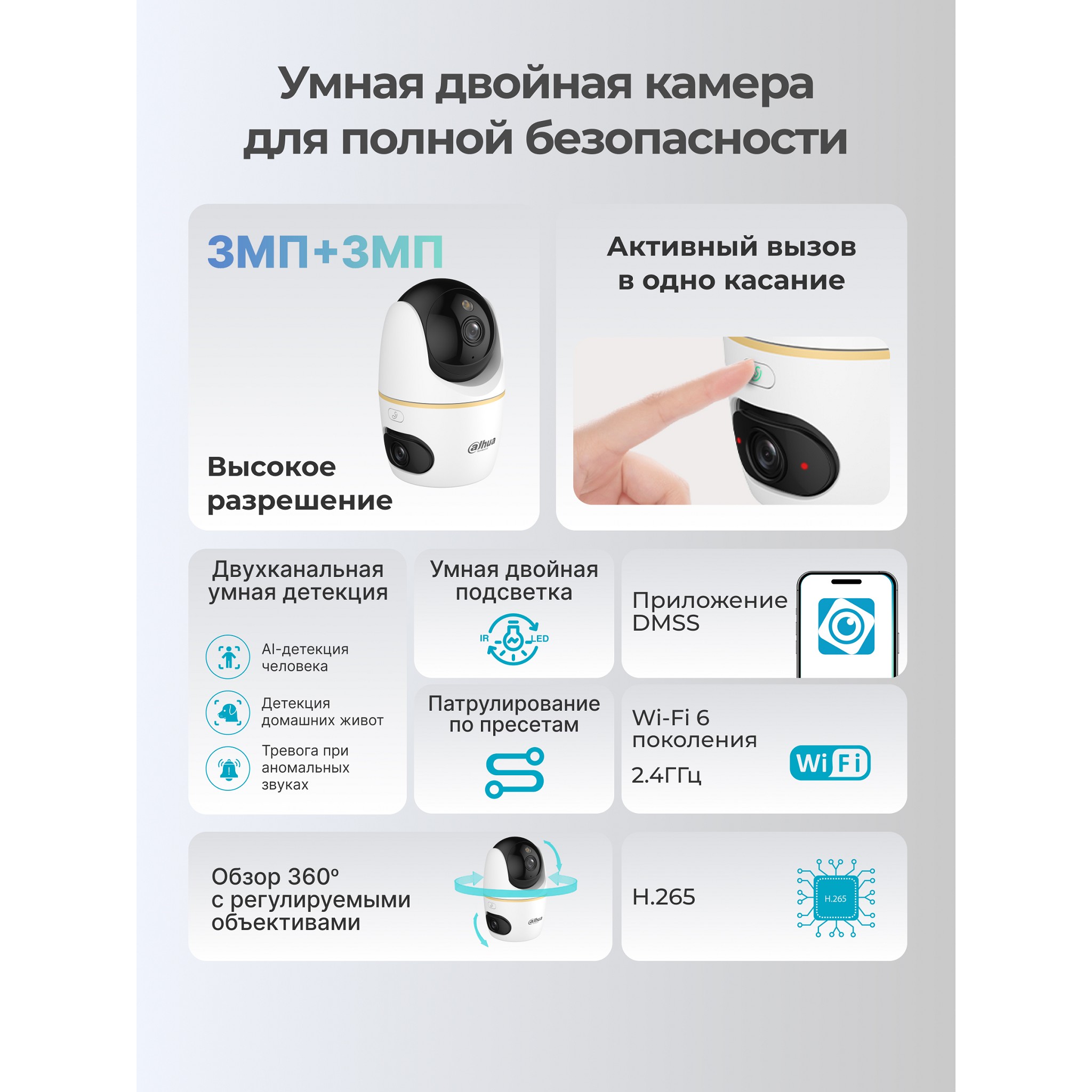 Повреждение упаковки DAHUA DH-H3D-3F (DH-IPC-H3DP-3F-0360B) Мини-PT IP-видеокамера с панорамным модулем с Wi-Fi 3Мп; 1/3.2" CMOS; 3.6мм; ИК 30м, LED 30м; обнаружение людей, домашних животных; встроенн арт. DH-IPC-H3DP-3F-0360B_DP