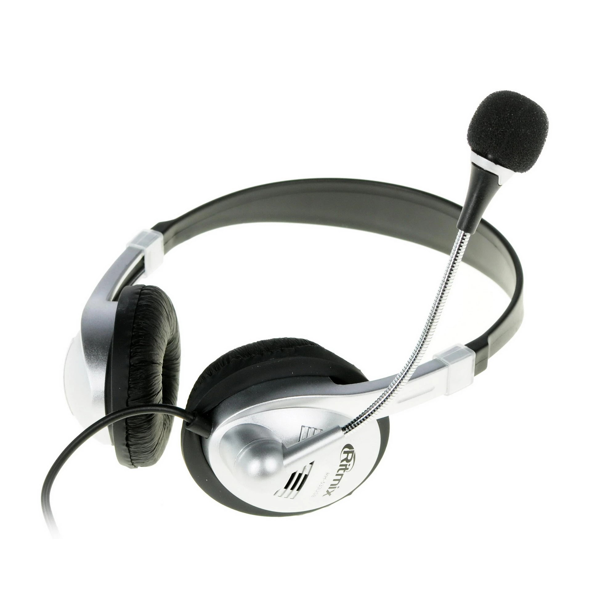 RITMIX RH-533USB Silver {Гарнитура. 40 мм, 20-20000 Гц, 32 Ом, 105 дБ, конденсаторный всенаправленный микрофон, 2,2 кОм, 58 дБ ± 3 дБ, пластик}