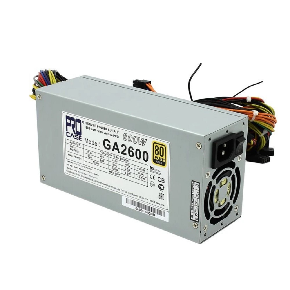 Procase GA2600 Блок питания ATX 2U 2FAN (600W), 80+ Gold, 200*100*70mm, Активный PFC, +5B=20A, +12B=50A, +3,3B=20A, 5VSB=3.5A, -12B=0.3A, Защита от перегрузки 105-150%, Входное напряжение 160-240В