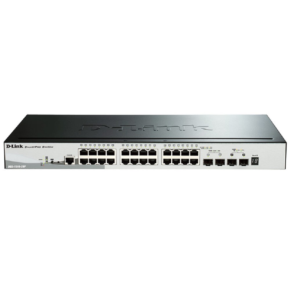 D-Link DGS-1510-28P/A1A PROJ Управляемый L2+ стекируемый коммутатор с 24 портами 10/100/1000Base-T, 2 портами 1000Base-X SFP и 2 портами 10GBase-X SFP+ (24 порта PoE 802.3af/at, PoE-бюджет 193 Вт) D-Link SMB
