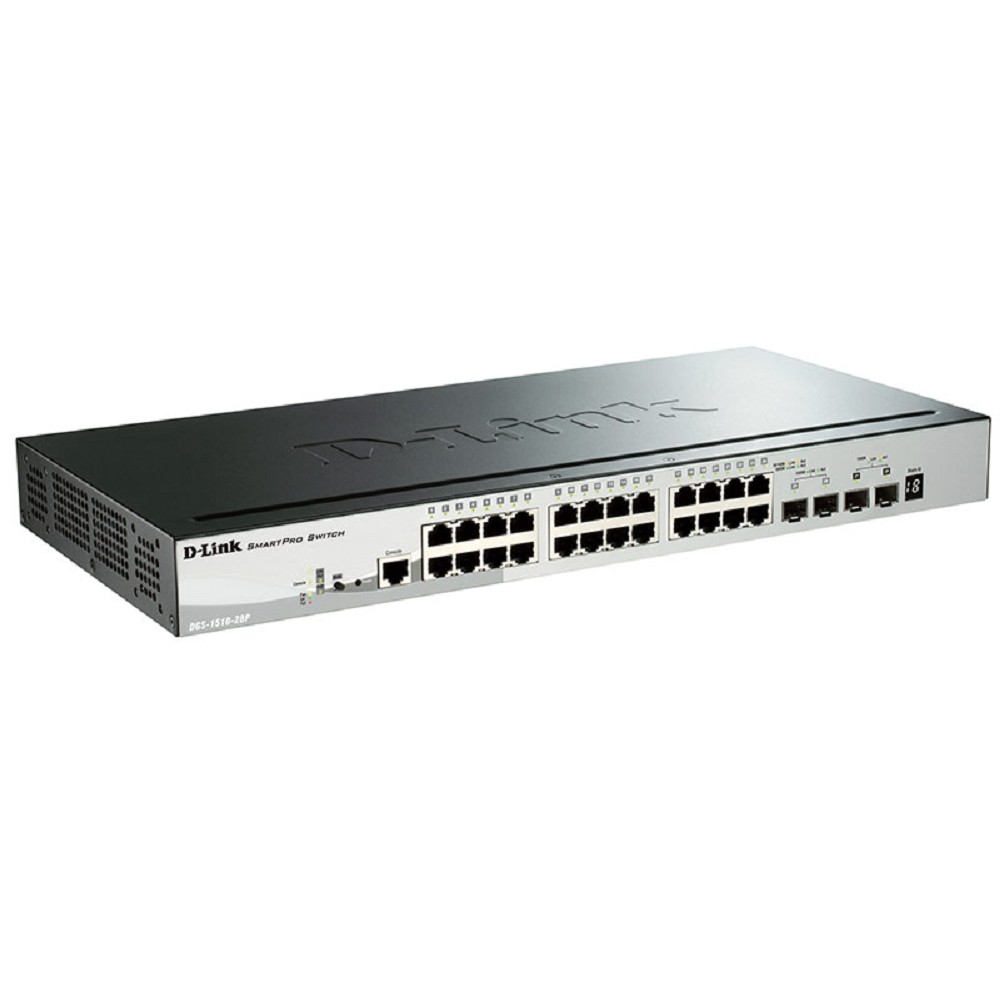 D-Link DGS-1510-28P/A1A PROJ Управляемый L2+ стекируемый коммутатор с 24 портами 10/100/1000Base-T, 2 портами 1000Base-X SFP и 2 портами 10GBase-X SFP+ (24 порта PoE 802.3af/at, PoE-бюджет 193 Вт) D-Link SMB