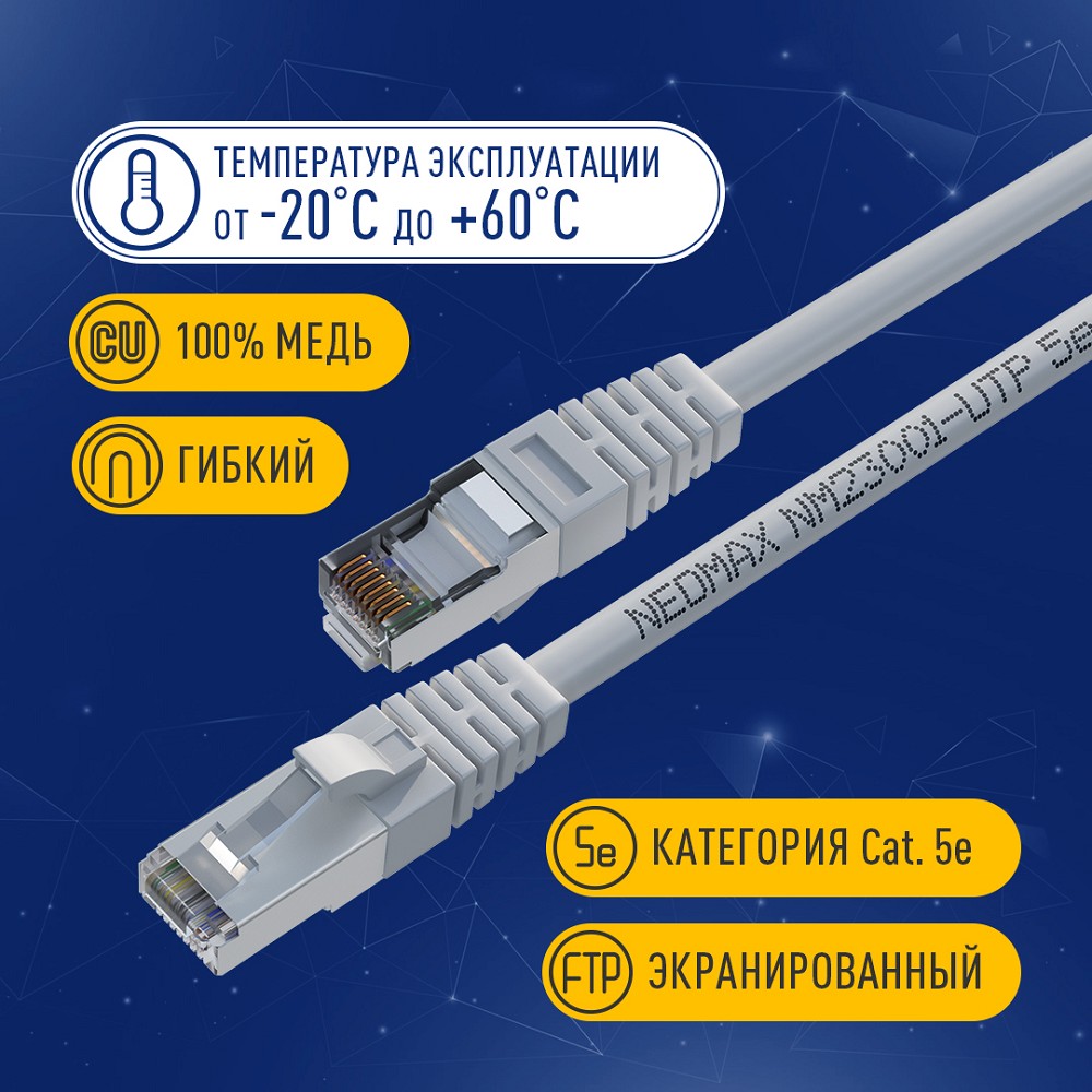 NEOMAX (NM23001-020) Шнур коммут. FTP 2 м, cat.5е, серый, многожильный