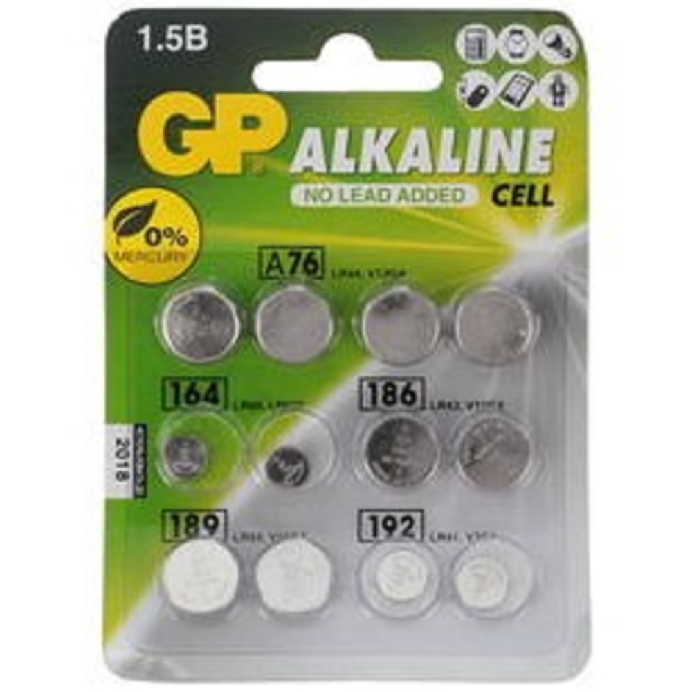 GP ACM01-CR12 12/1440 (Набор дисковых батареек, 12 шт. в уп-ке) {Количество в упаковке — 12 (2 x LR41 (192), 2 x LR43 (186), 4 x LR44 (A76), 2 x LR54 (189), 2 x LR60 (164))} арт. 4891199103896