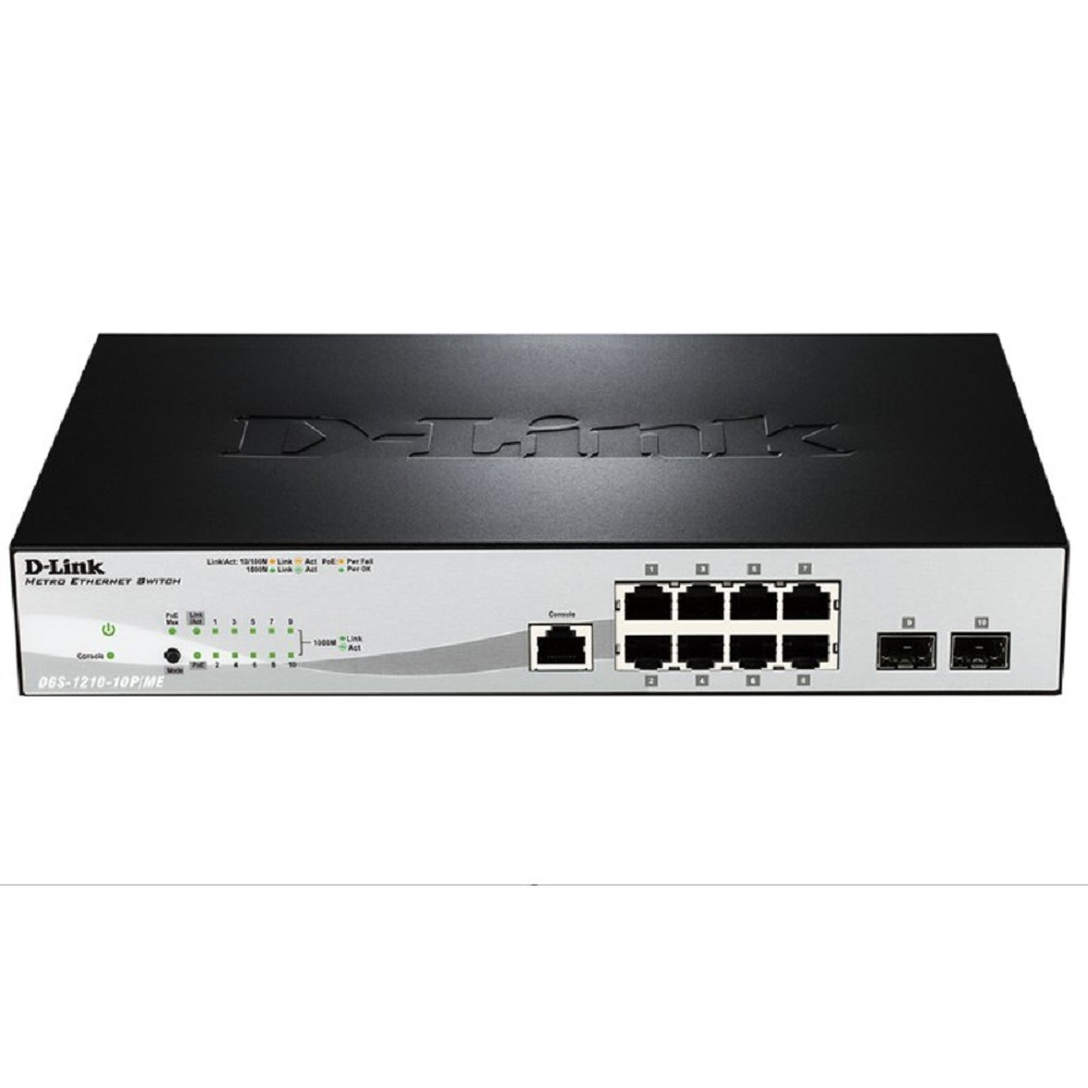 D-Link DGS-1210-10P/ME/A1A Управляемый L2 коммутатор с 8 портами 10/100/1000Base-T и 2 портами 1000Base-X SFP (8 портов PoE 802.3af/at, PoE-бюджет 78 Вт) D-Link SMB
