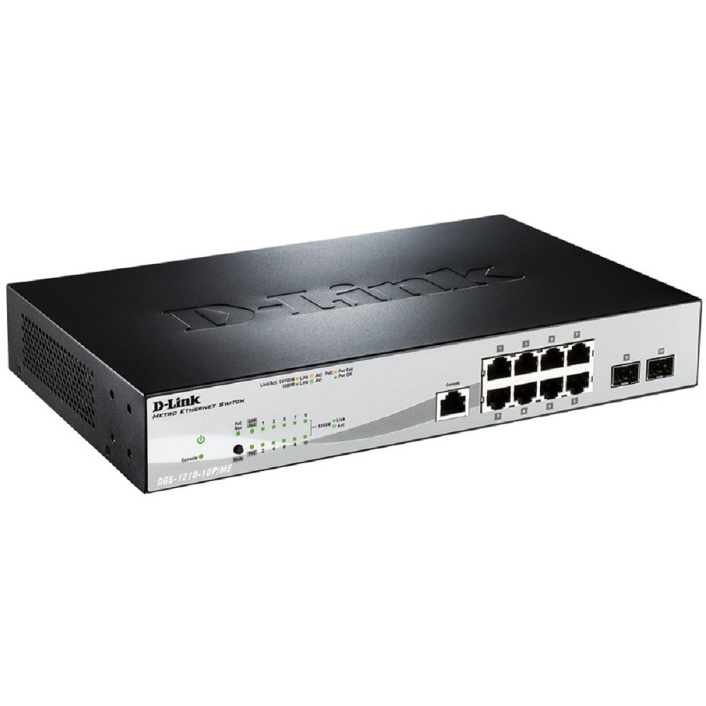 D-Link DGS-1210-10P/ME/A1A Управляемый L2 коммутатор с 8 портами 10/100/1000Base-T и 2 портами 1000Base-X SFP (8 портов PoE 802.3af/at, PoE-бюджет 78 Вт) D-Link SMB