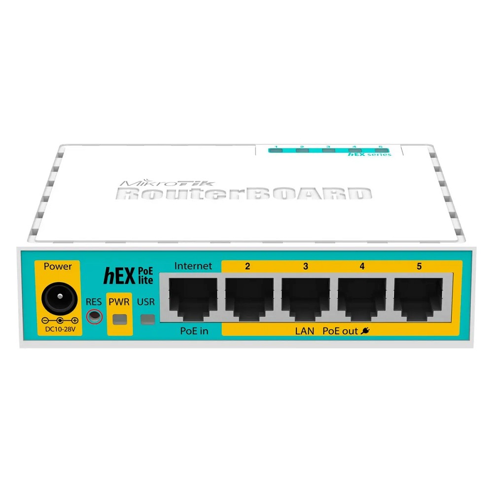MikroTik hEX PoE lite with 650MHz CPU, 64MB RAM, 5xLAN (four with PoE out), USB, RouterOS L4, plastic case and PSU арт. RB750UPr2