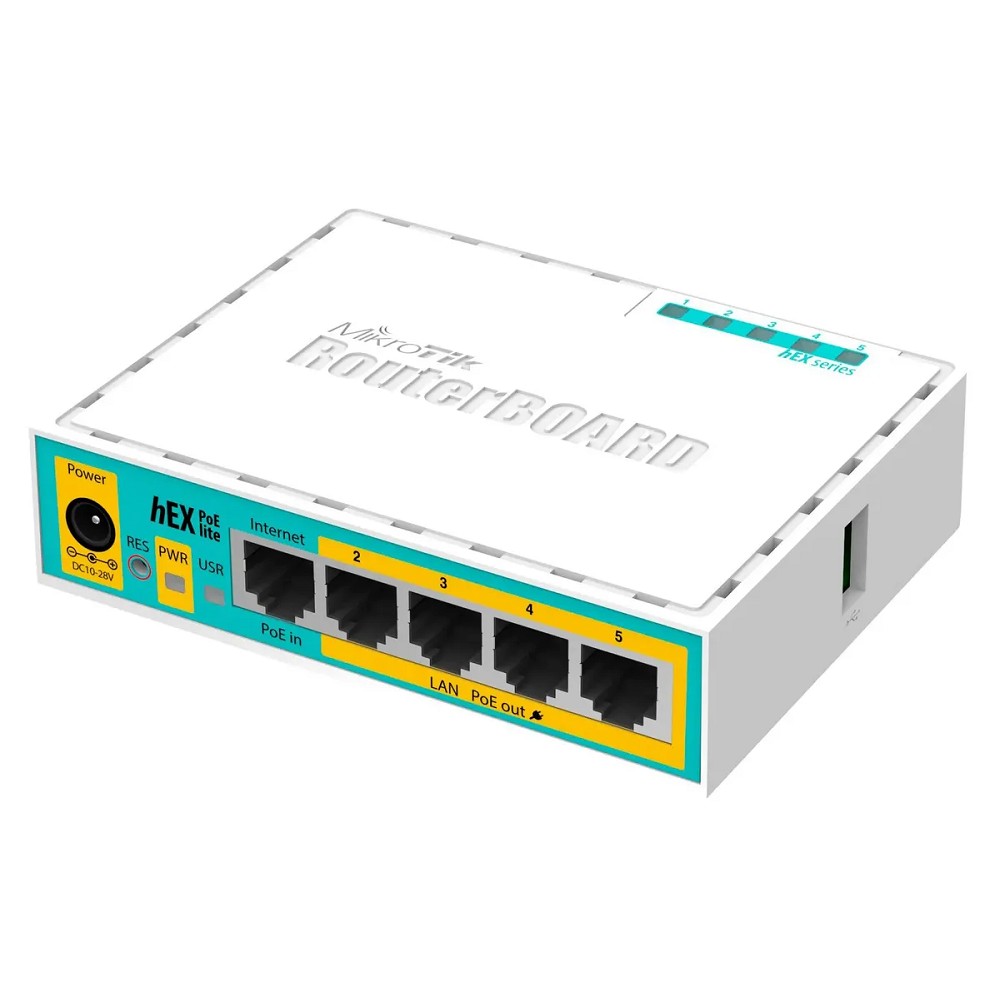 MikroTik hEX PoE lite with 650MHz CPU, 64MB RAM, 5xLAN (four with PoE out), USB, RouterOS L4, plastic case and PSU арт. RB750UPr2