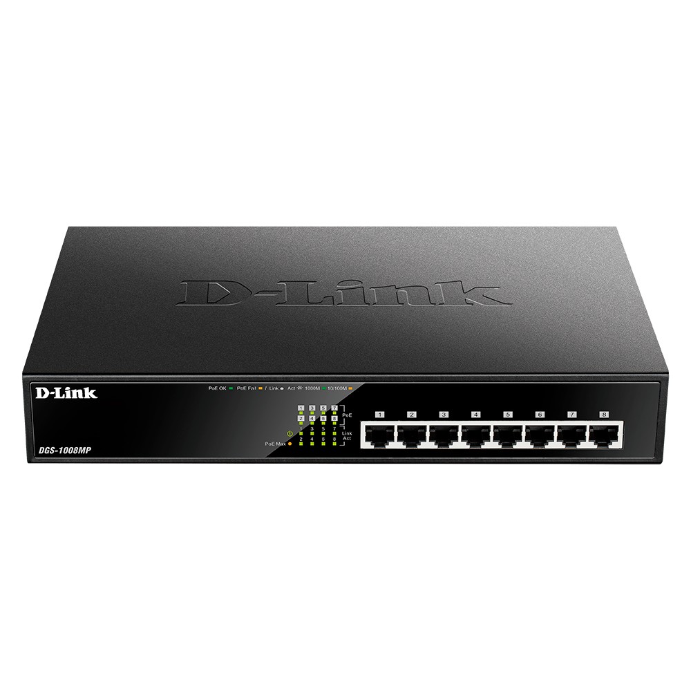 D-Link Неуправляемый PoE-коммутатор, 8x1000Base-T PoE, PoE-бюджет 125 Вт, корпус металл арт. DGS-1008MP/B1A
