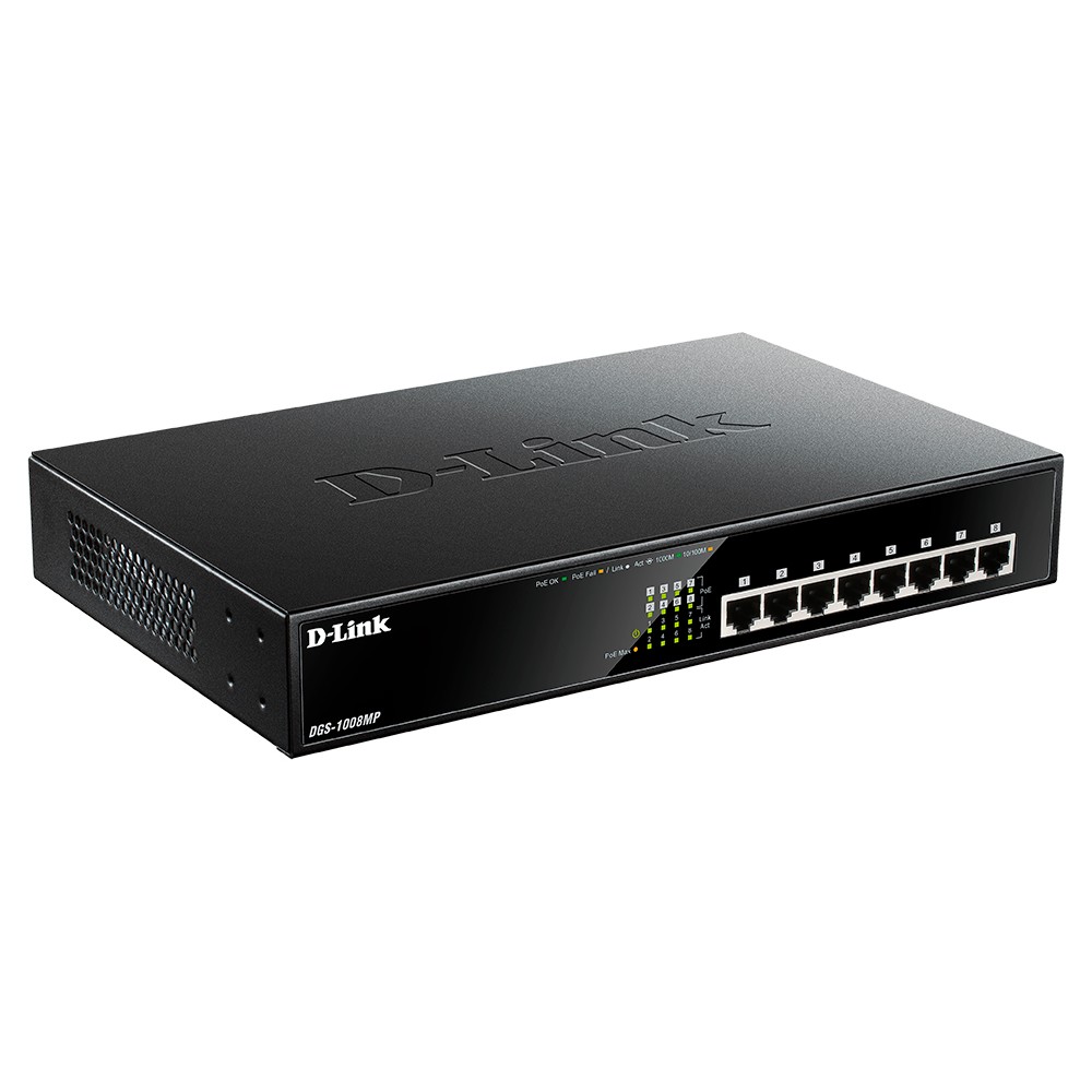 D-Link Неуправляемый PoE-коммутатор, 8x1000Base-T PoE, PoE-бюджет 125 Вт, корпус металл арт. DGS-1008MP/B1A