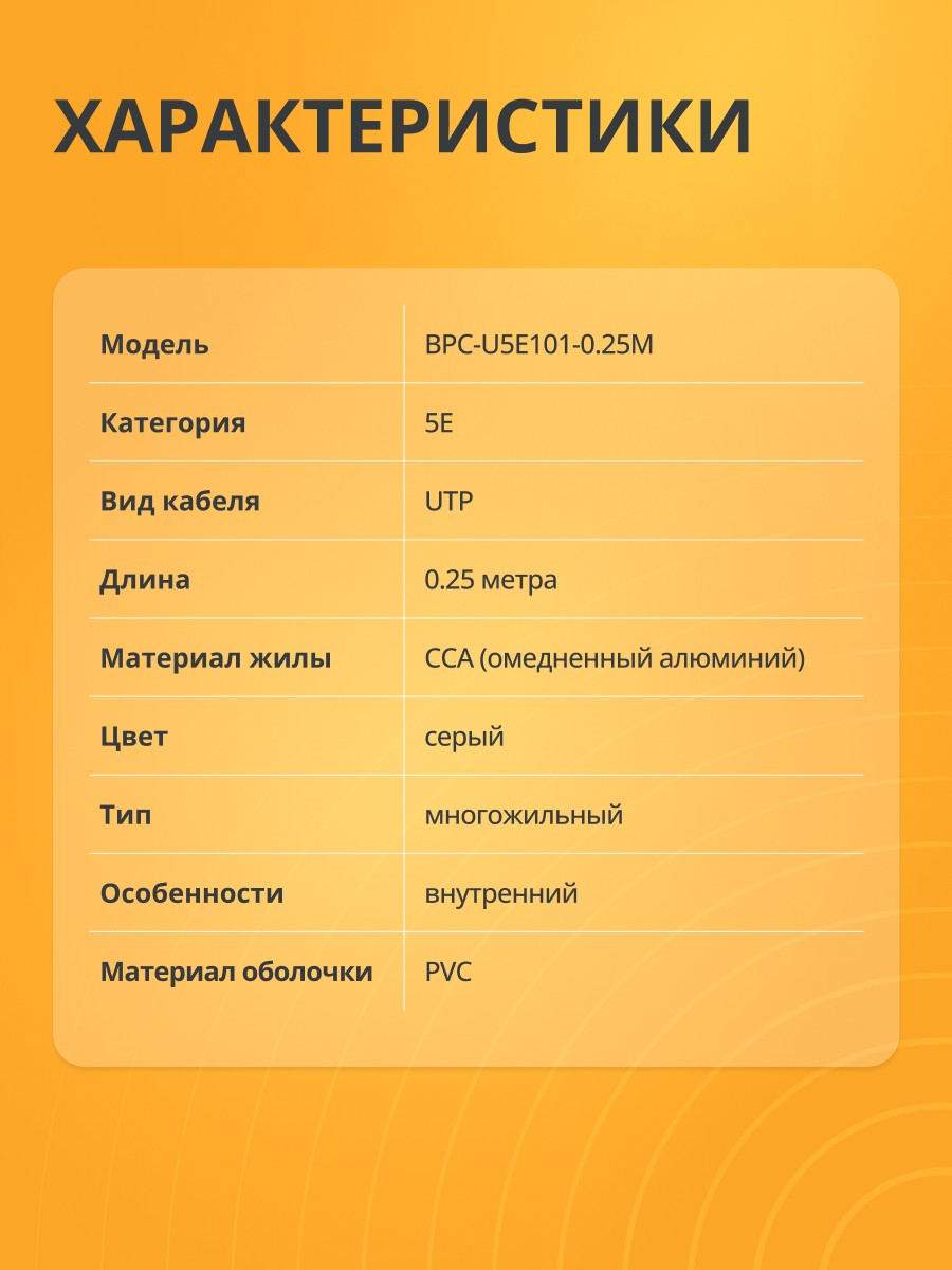 Патч-корд Bion [BPC-U5E101-0.25M] U/UTP, Cat.5e, AWG 26 (7/0,16мм), CCA, многожильный, PVC, 0,25м, серый Bion Cable