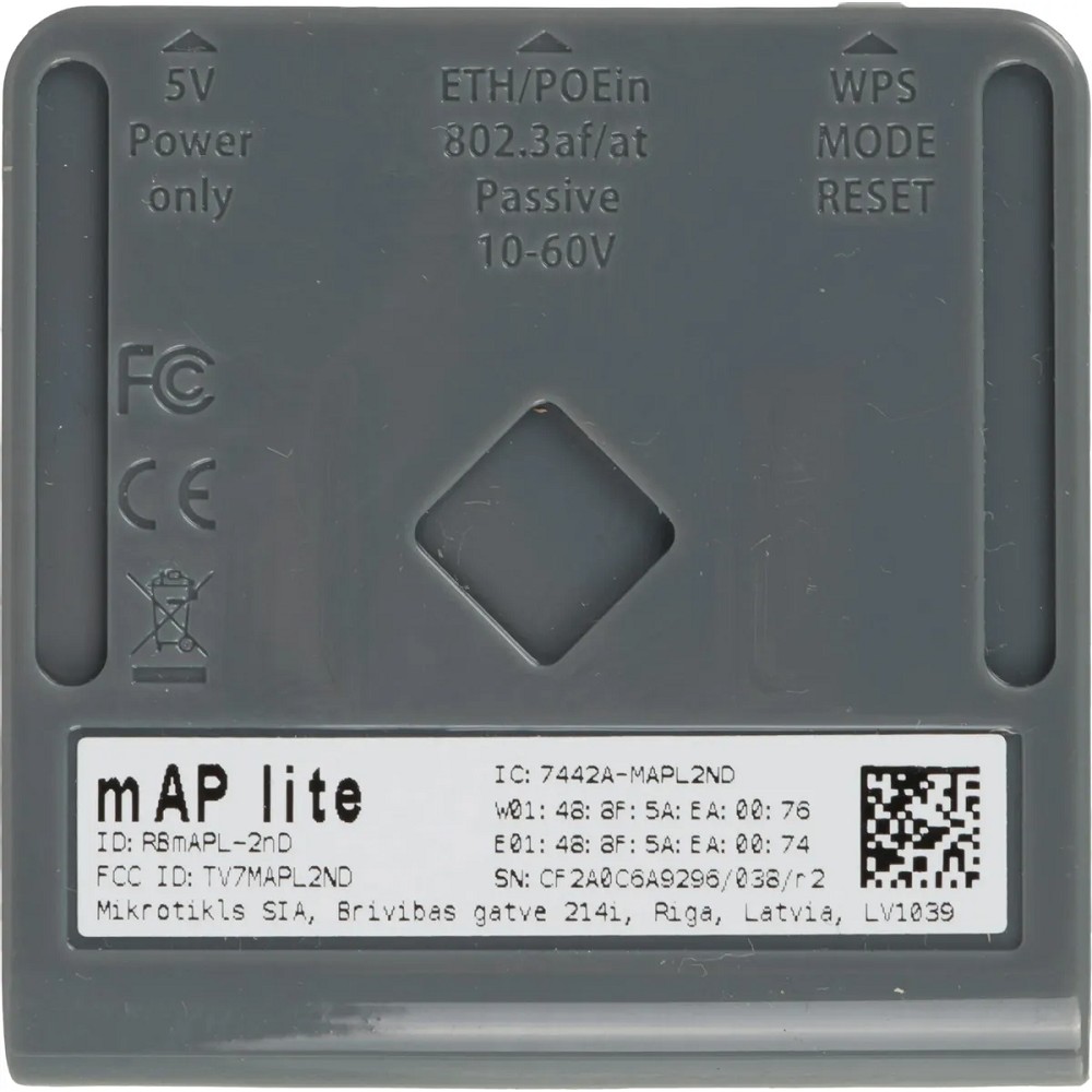 MikroTik mAP lite with 650Mhz CPU, 64MB RAM, 1xLAN, built-in Dual Chain 2.4Ghz 802.11bgn Dual Chain wireless with integrated antennas, RouterOS L4, plastic case, PSU арт. RBmAPL-2nD