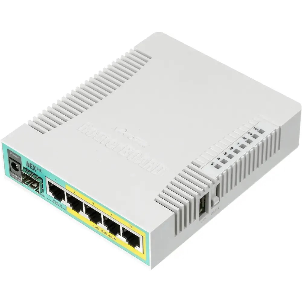 MikroTik hEX PoE with 800MHz CPU, 128MB RAM, 5x Gigabit LAN (four with PoE out), SFP, USB, RouterOS L4, plastic case and PSU арт. RB960PGS