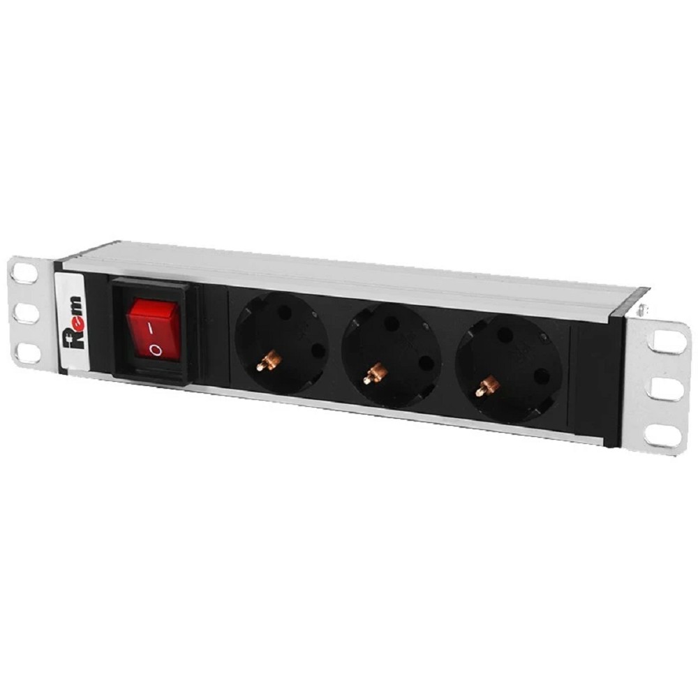 REM Блок розеток Rem-10 без шнура с выкл., 3 Schuko, вход IEC 60320 C14, 10A, алюм., 10" (R-10-3S-V-220-Z) ЦМО