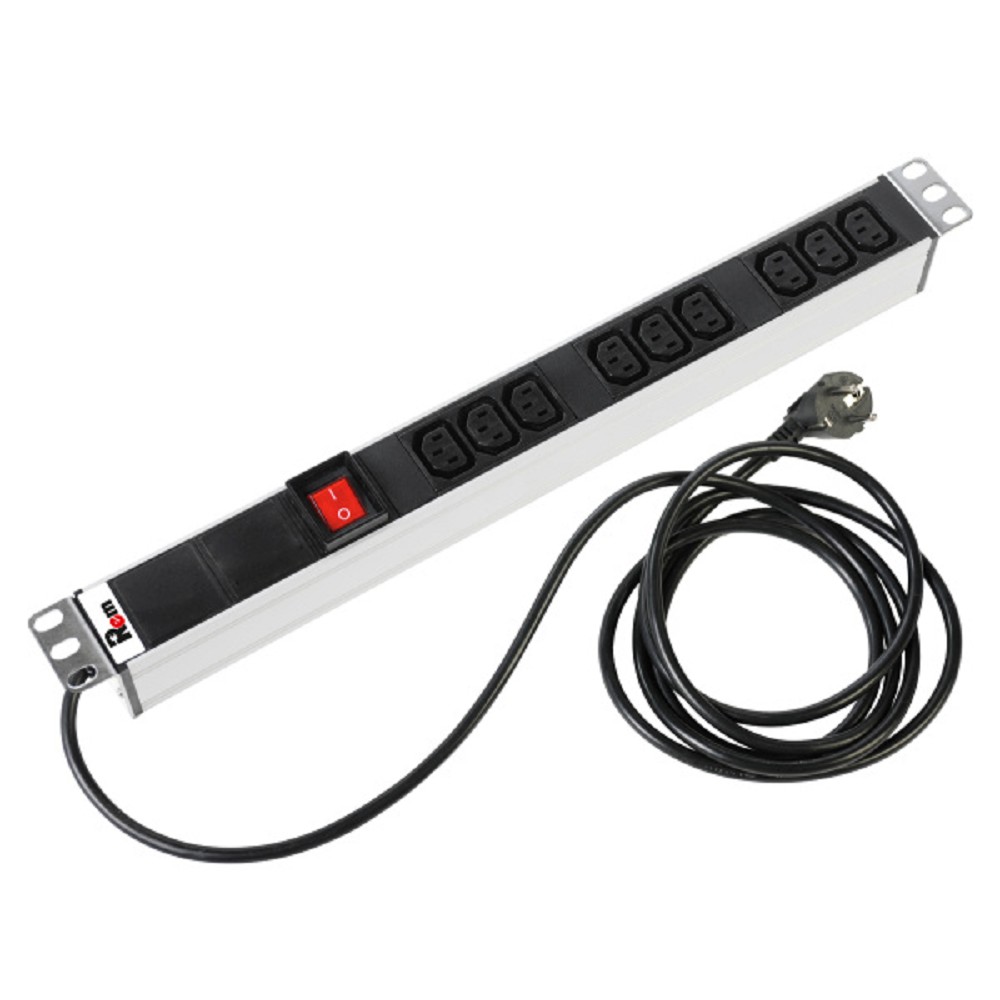 REM Блок розеток Rem-16 с выкл., 9 IEC 60320 C13, 16A, алюм., 19", шнур 3 м. (R-16-9C13-V-440-3) ЦМО