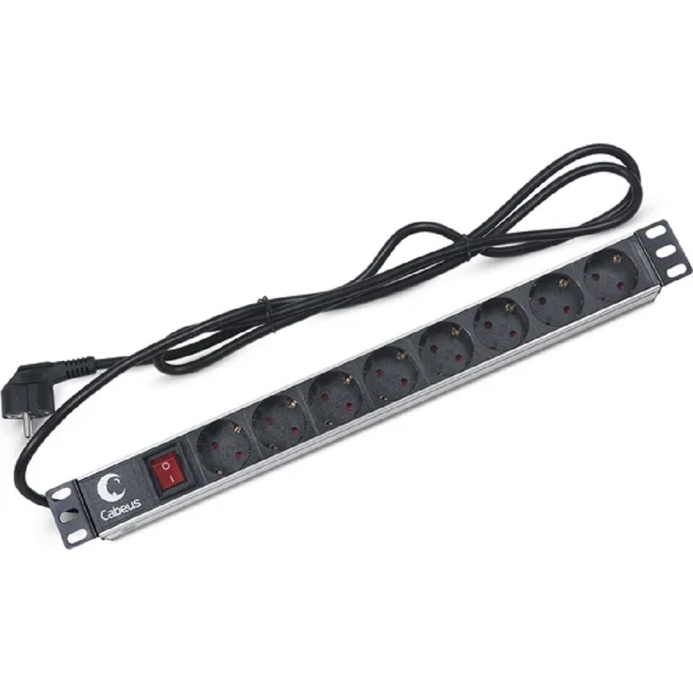 Cabeus PDU-8P-2EU Блок евророзеток для 19" шкафов, гориз., 8 розеток, 16 A, выключатель, шнур 2м, алюм. корпус, немецкий стандарт