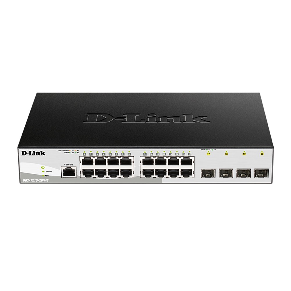 D-Link Управляемый L2 коммутатор, 16x1000Base-T, 4x1000Base-X SFP, защита от статического электричества до 6 кВ, CLI, консольный порт RJ-45, RPS, поддержка Dying Gasp арт. DGS-1210-20/ME/B1A
