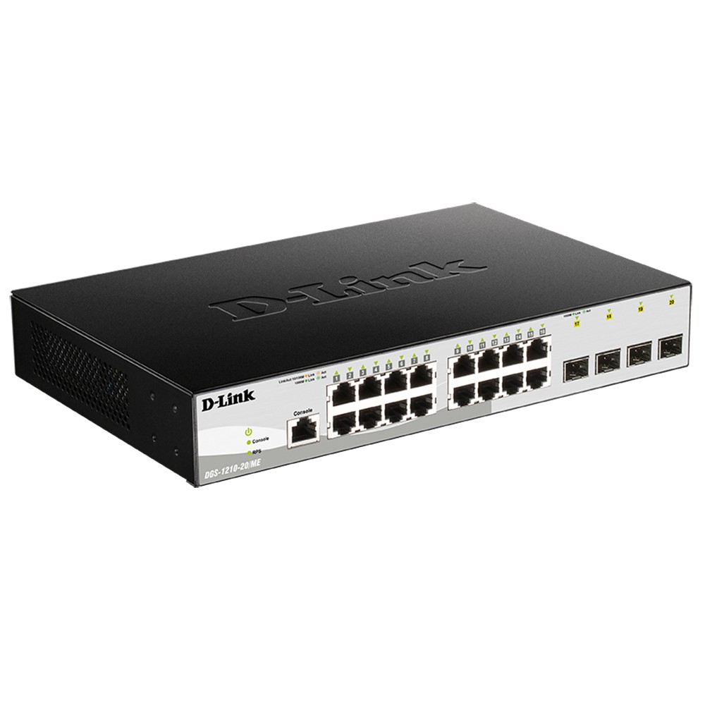 D-Link Управляемый L2 коммутатор, 16x1000Base-T, 4x1000Base-X SFP, защита от статического электричества до 6 кВ, CLI, консольный порт RJ-45, RPS, поддержка Dying Gasp арт. DGS-1210-20/ME/B1A