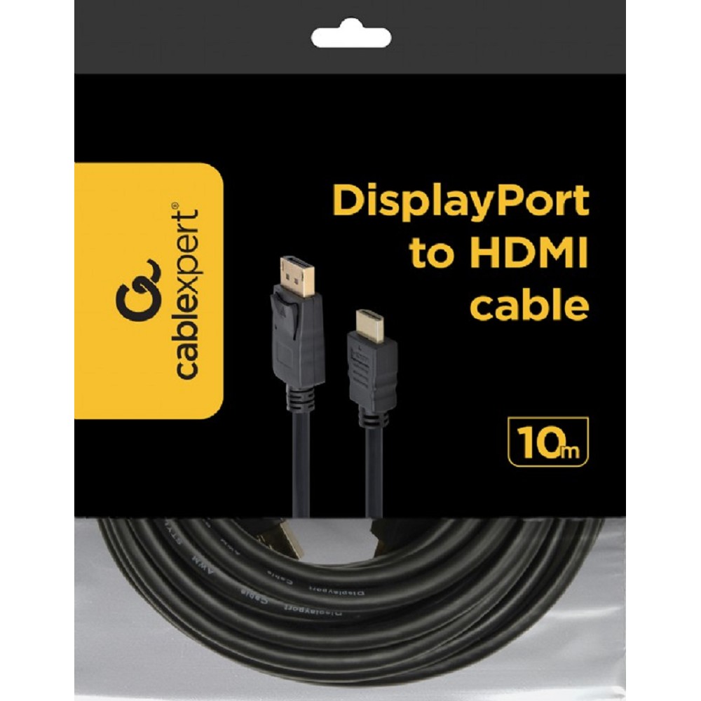 Cablexpert Кабель DisplayPort->HDMI, 10м, 20M/19M, черный, экран, пакет (CC-DP-HDMI-10M) Gembird