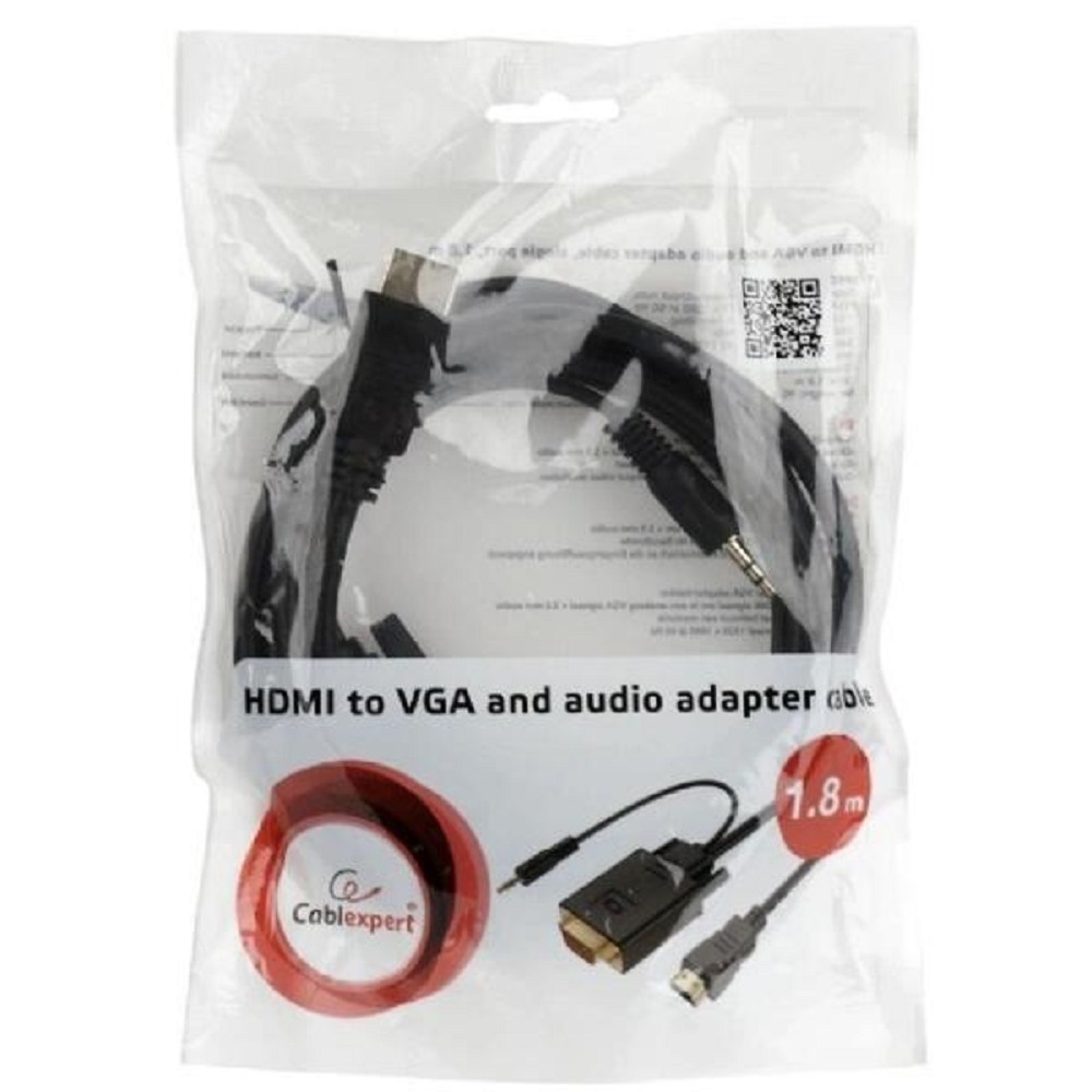 Кабель HDMI->VGA Cablexpert A-HDMI-VGA-03-10, 19M/15M + 3.5Jack, медь, позол.разъемы, 3м, черный, пакет