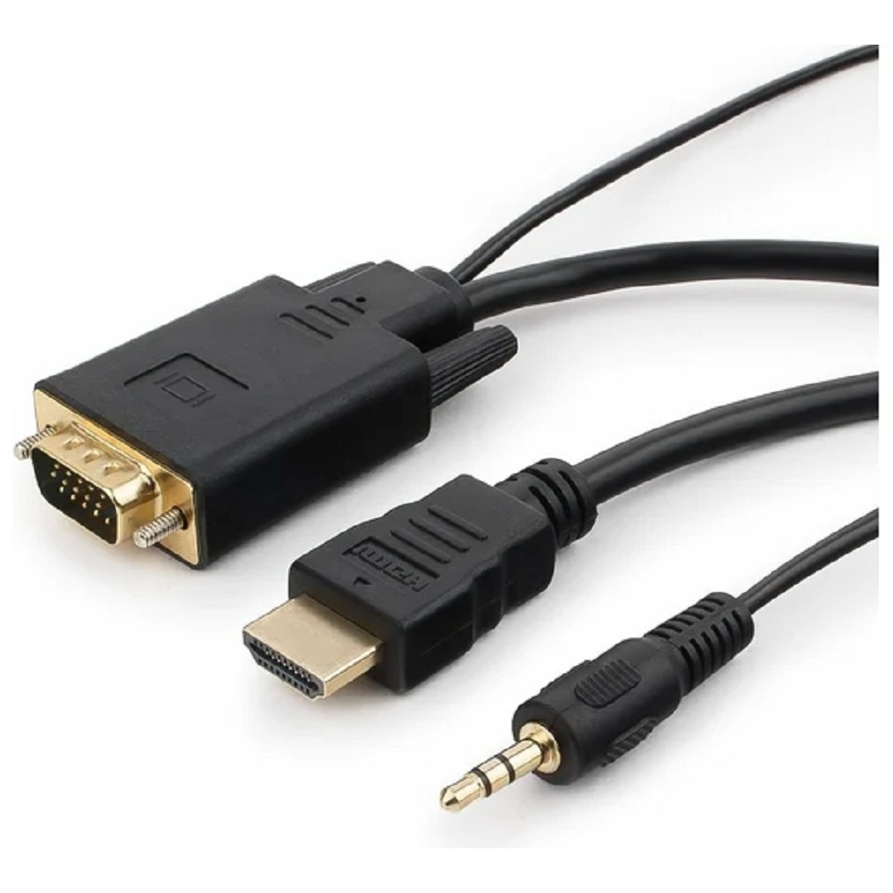 Кабель HDMI->VGA Cablexpert A-HDMI-VGA-03-10M, 19M/15M + 3.5Jack, медь, позол.разъемы, 10м, черный, пакет